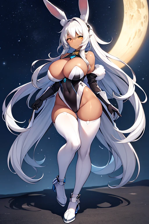 1girl, dark-skinned female, breasts, large breasts, wide hips, white hair, silver hair, grey hair, long hair, yellow eyes, serious, leotard, black leotard, futuristic, tech, science-fiction, machinery, neon, neon trim, neon lights, full body, ((full body)), bare legs, city, moon, nightsky, night sky, night, rabbit ears, mature female