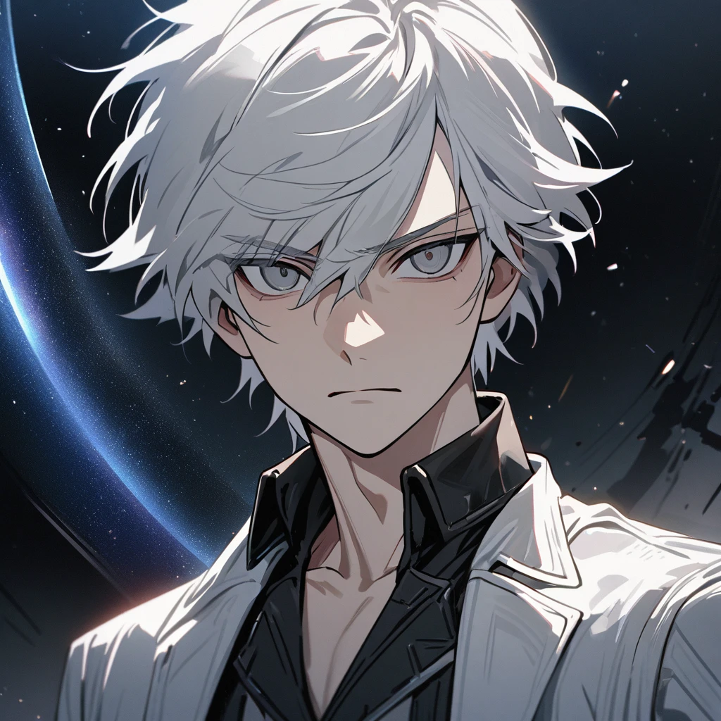 High quality, HD, 4k, no shadows, handsome male, 1male, 17 years old, teenager, short white hair, silver hair, white hair, sharp eyes, dark grey colored eyes, deep grey eyes, grey eyes, devil may cry, close up, calm expression, stoic expression, black leather clothes, white leather clothing, lean body, well trained body, upper body, looking at viewer, cowboy shot, white solar, space background