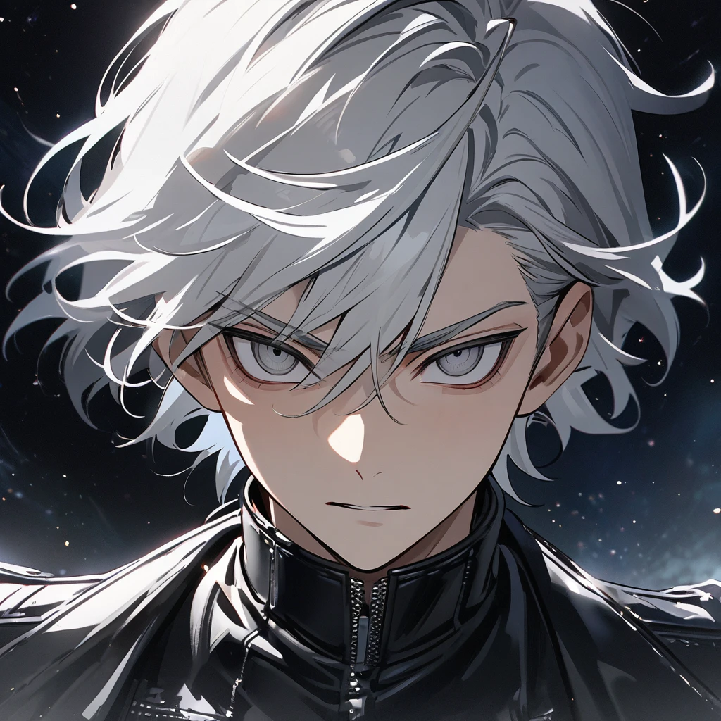 High quality, HD, 4k, no shadows, handsome male, 1male, 17 years old, teenager, short white hair, silver hair, white hair, sharp eyes, dark grey colored eyes, deep grey eyes, grey eyes, devil may cry, close up, calm expression, stoic expression, black leather clothes, white leather clothing, lean body, well trained body, upper body, looking at viewer, cowboy shot, white solar, space background