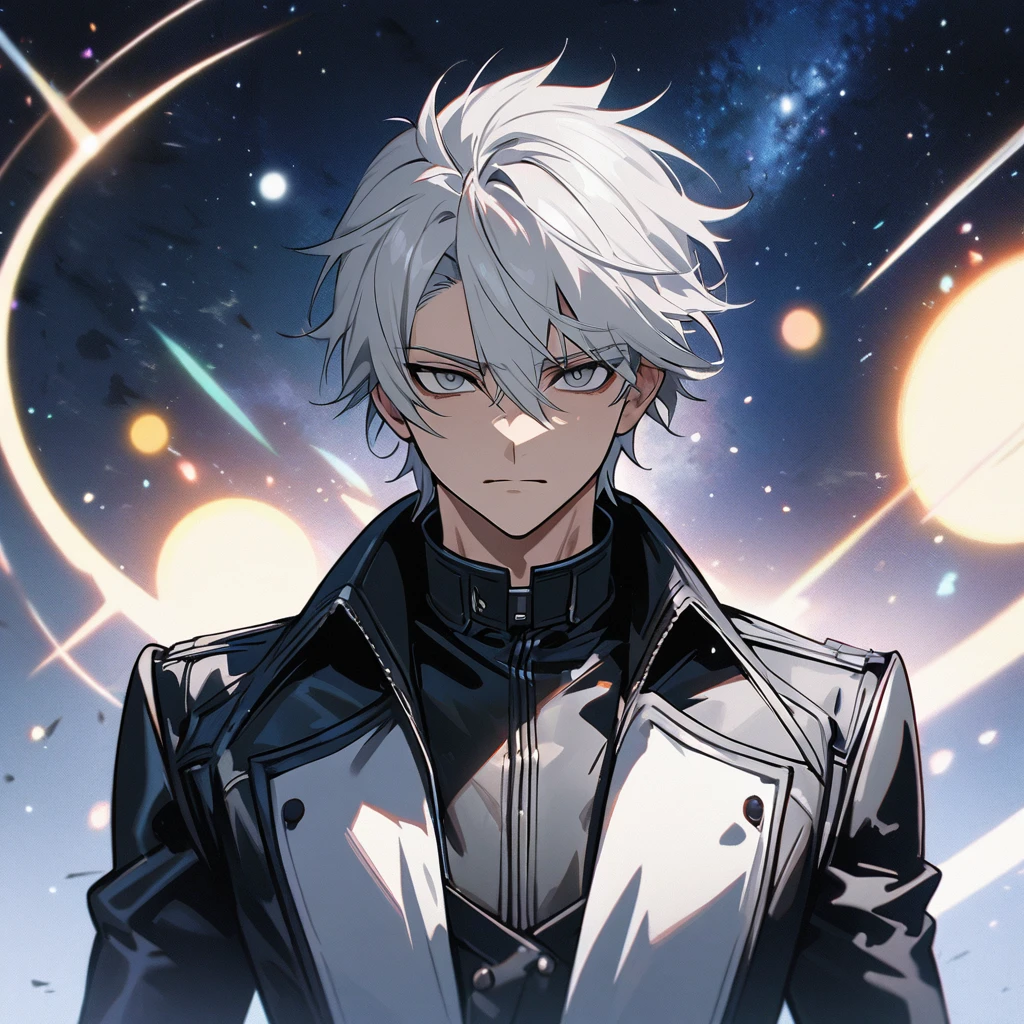 High quality, HD, 4k, no shadows, handsome male, 1male, , teenager, shwhite hair, silver hair, white hair, sharp eyes, dark grey colored eyes, deep grey eyes, grey eyes, devil may cry, close up, calm expression, stoic expression, black leather clothes, white leather clothing, lean body, well trained body, upper body, looking at viewer, cowboy shot, white solar, space background