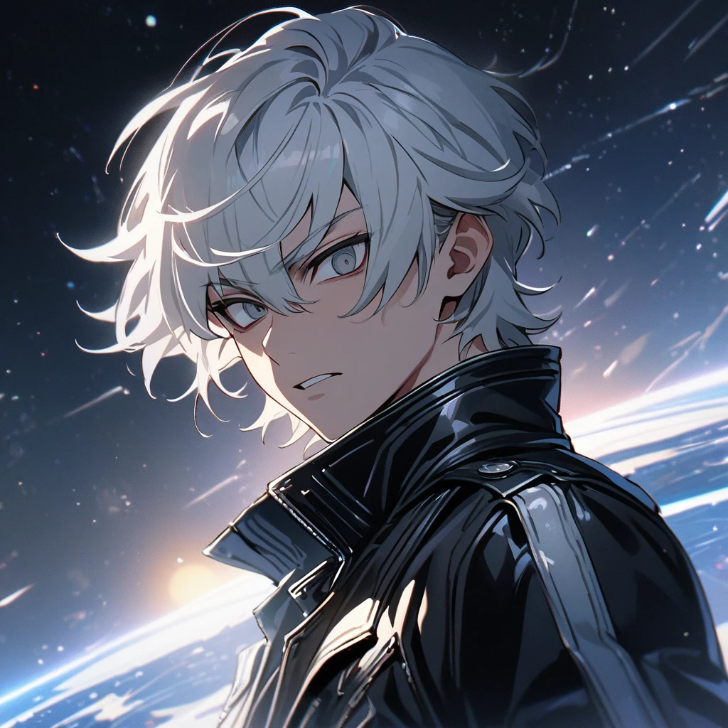 High quality, HD, 4k, no shadows, handsome male, 1male, 17 years old, teenager, short white hair, silver hair, white hair, sharp eyes, dark grey colored eyes, deep grey eyes, grey eyes, devil may cry, close up, calm expression, stoic expression, black leather clothes, white leather clothing, lean body, well trained body, upper body, looking at viewer, cowboy shot, white solar, space background