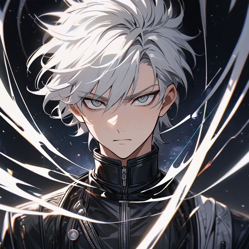 High quality, HD, 4k, no shadows, handsome male, 1male, 17 years old, teenager, short white hair, silver hair, white hair, sharp eyes, dark grey colored eyes, deep grey eyes, grey eyes, devil may cry, close up, calm expression, stoic expression, black leather clothes, white leather clothing, lean body, well trained body, upper body, looking at viewer, cowboy shot, white solar, space background