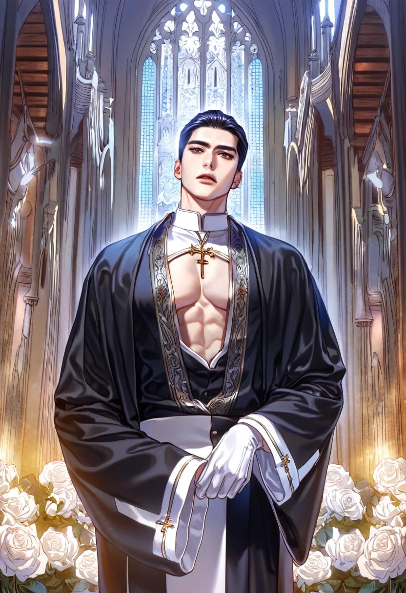 absurdres, highres, ultra detailed, HDR, master piece, best quality, Joo Jaekyung, black hair, slicked back hair, expressive gray eyes, Jinx, solo, sexy man, handsome, horny, lewd, black priest robes, accessories, showing the chest, cross necklace, priest, white gloves, fantasy, magical, white roses, white petals, blue sky, church