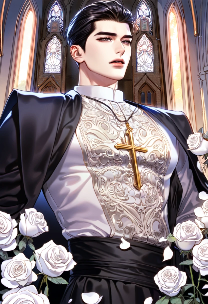 absurdres, highres, ultra detailed, HDR, master piece, best quality, Joo Jaekyung, black hair, slicked back hair, expressive gray eyes, Jinx, solo, sexy man, handsome, horny, lewd, black priest robes, accessories, showing the chest, cross necklace, priest, white gloves, fantasy, magical, white roses, white petals, blue sky, church