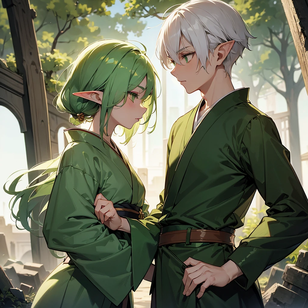 make a boy with white hair and green eyes wearing a kimono kissing an elf girl with green hair and green eyes wearing an archer outfit in front of ruins in dark fantasy aesthetic