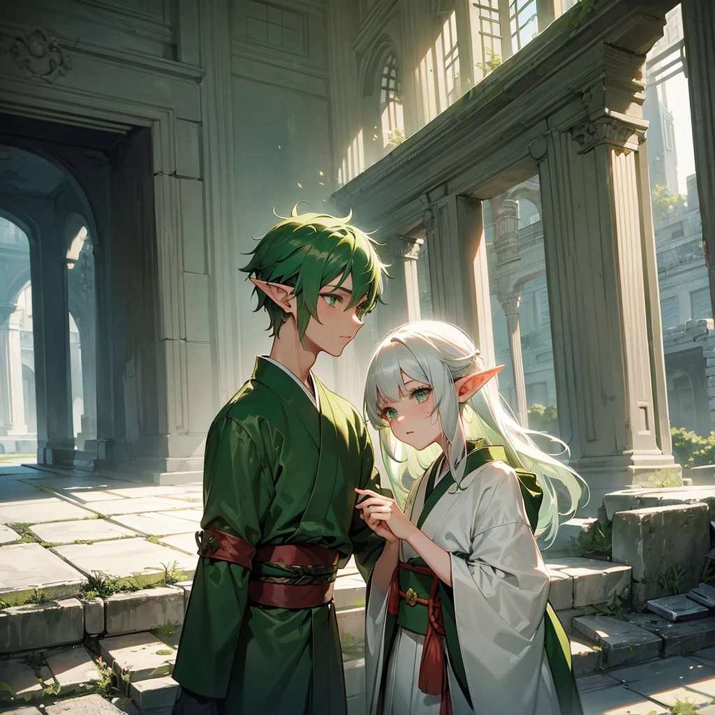 make a boy with white hair and green eyes wearing a kimono kissing an elf girl with green hair and green eyes wearing an archer outfit in front of ruins in dark fantasy aesthetic