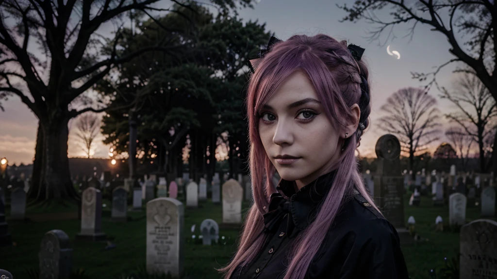 Extremely detailed 4k photograph of a goth girl with pink hair, purple eyes, seductive gaze and soft smile, in a graveyard with nameless graves and the moon in the sky