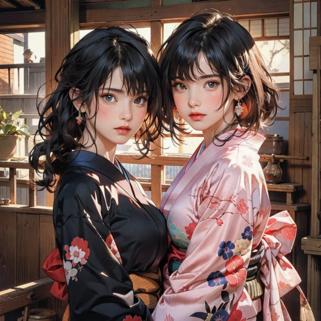 (highest quality、8k、32k、masterpiece)、(masterpiece, up to date,Exceptional:1.2), Anime, One girl,Front hair,black_hair, Beautiful 8k eyes,Looking_in_Audience,One person in,Are standing,((Very beautiful woman, Fuller lips, Japanese pintern kimono))、((Colorful Japanese kimono)))、(((Medium Shot)))、Blunt bung、(High resolution)、Very beautiful face and eyes、1 girl 、Round and small face、Narrow waist、delicine body、(highest quality high detail Rich skin details)、(highest quality、8k、Oil paints:1.2)、Very detailed、(Realistic、Realistic:1.37)、Bright colors、(((blackhair)))、(((longhair)))、(((cowboy pictures)))、((( Inside an old Japanese house)))、(masterpiece, highest quality, highest quality, Official Art, beautifully、aesthetic:1.2), (One girl), Very detailedな,(Fractal Art:1.3),colorful,Most detailed,Sengoku period(High resolution)、Very beautiful face and eyes、1 girl 、Round and small face、Tight waist、Delicine body、(highest quality high detail Rich skin details)、(highest quality、8k、Oil paints:1.2)、(Realistic、Realistic:1.37)、Greg Rutkowski Written by Alphonse Mucha Ropp, sun lips