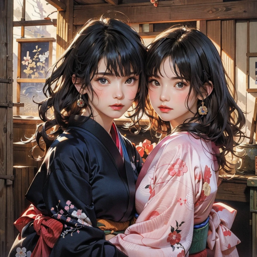 (highest quality、8k、32k、masterpiece)、(masterpiece, up to date,Exceptional:1.2), Anime, One girl,Front hair,black_hair, Beautiful 8k eyes,Looking_in_Audience,One person in,Are standing,((Very beautiful woman, Fuller lips, Japanese pintern kimono))、((Colorful Japanese kimono)))、(((Medium Shot)))、Blunt bung、(High resolution)、Very beautiful face and eyes、1 girl 、Round and small face、Narrow waist、delicine body、(highest quality high detail Rich skin details)、(highest quality、8k、Oil paints:1.2)、Very detailed、(Realistic、Realistic:1.37)、Bright colors、(((blackhair)))、(((longhair)))、(((cowboy pictures)))、((( Inside an old Japanese house)))、(masterpiece, highest quality, highest quality, Official Art, beautifully、aesthetic:1.2), (One girl), Very detailedな,(Fractal Art:1.3),colorful,Most detailed,Sengoku period(High resolution)、Very beautiful face and eyes、1 girl 、Round and small face、Tight waist、Delicine body、(highest quality high detail Rich skin details)、(highest quality、8k、Oil paints:1.2)、(Realistic、Realistic:1.37)、Greg Rutkowski Written by Alphonse Mucha Ropp, sun lips