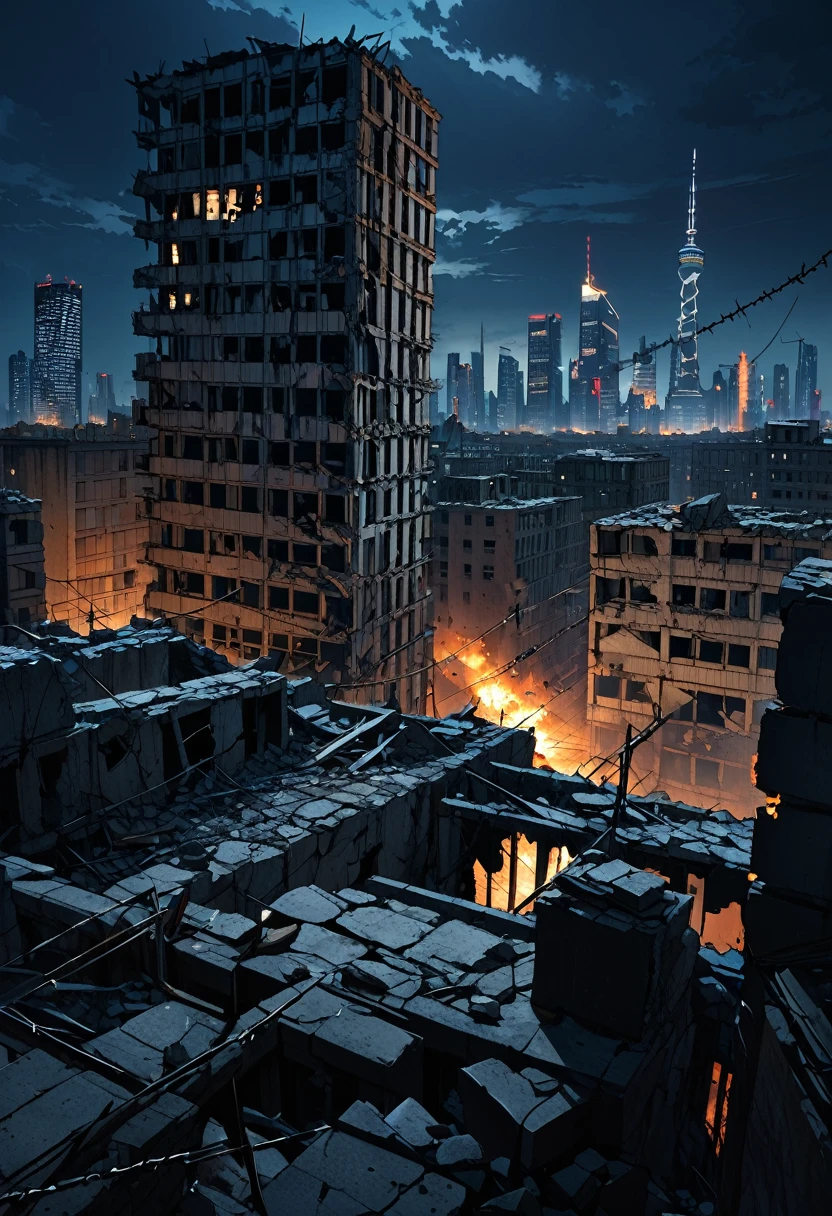 Destroyed city ruins, Barbed wire, skyscrapers in distance, at night