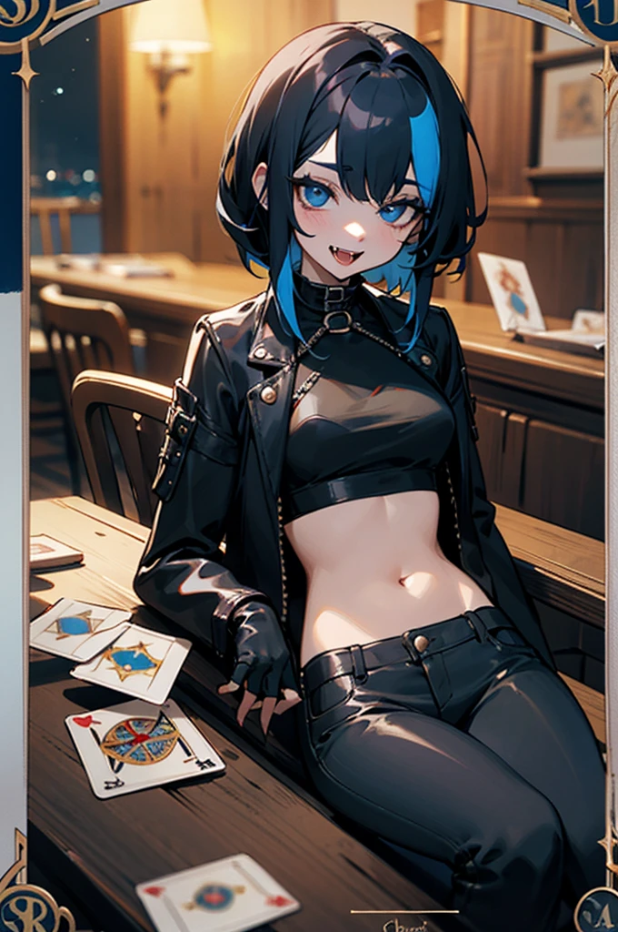 An older woman, punk hair style, medium black hair with a blue streak, blue in hair, blue eyes, clear skin, wearing make-up, medium breasts, fangs, vampire, wearing a black leather jacket, wearing a small white top, black fingerless gloves, holding a deck of tarot cards, sitting at table, dim lighting, night time, inside a tavern, tarot cards on table