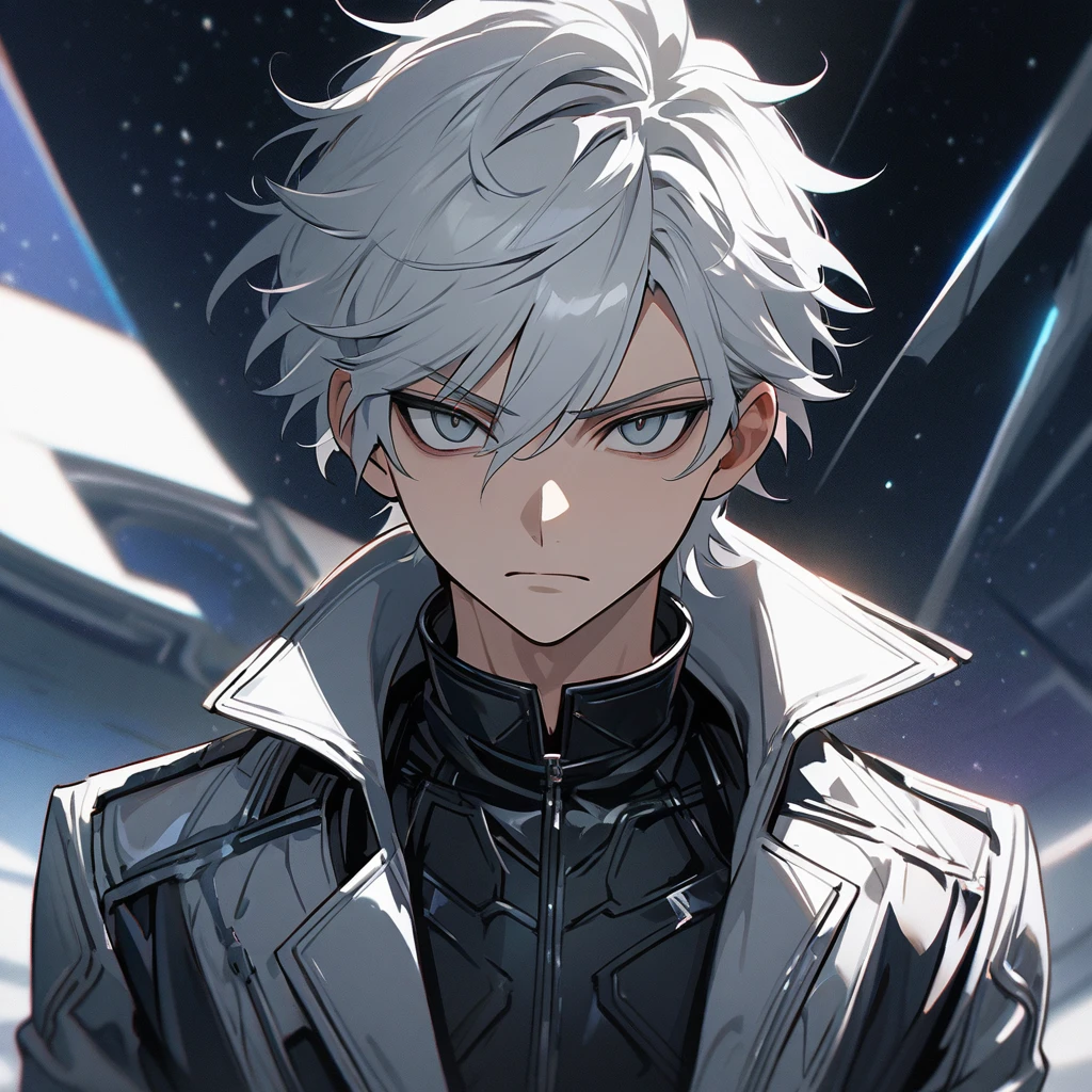 High quality, HD, 4k, no shadows, handsome male, 1male, , teenager, shwhite hair, silver hair, white hair, sharp eyes, dark grey colored eyes, deep grey eyes, grey eyes, devil may cry, close up, calm expression, stoic expression, black leather clothes, white leather clothing, lean body, well trained body, upper body, looking at viewer, cowboy shot, white solar, space background