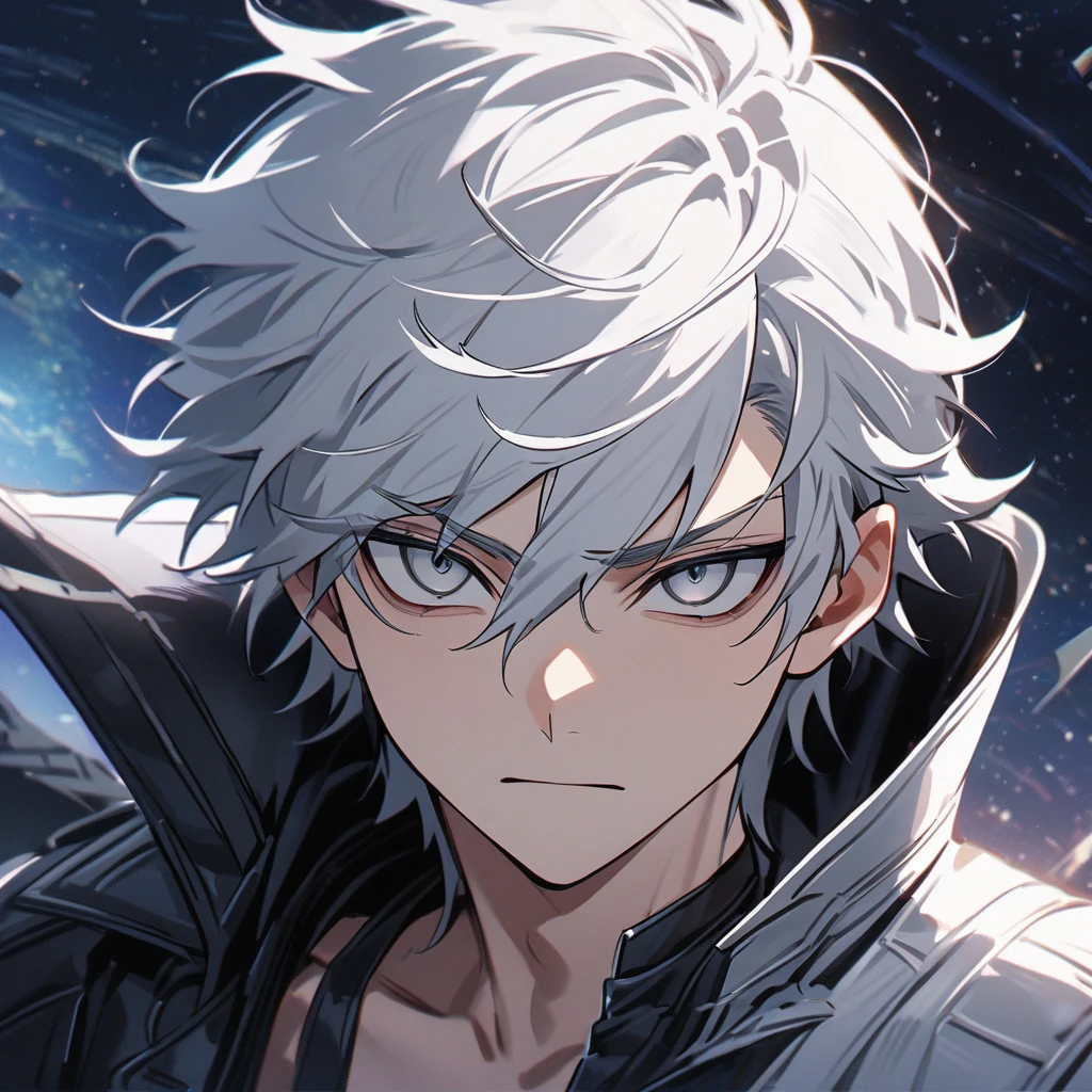 High quality, HD, 4k, no shadows, handsome male, 1male, 17 years old, teenager, short white hair, silver hair, white hair, sharp eyes, dark grey colored eyes, deep grey eyes, grey eyes, devil may cry, close up, calm expression, stoic expression, black leather clothes, white leather clothing, lean body, well trained body, upper body, looking at viewer, cowboy shot, white solar, space background