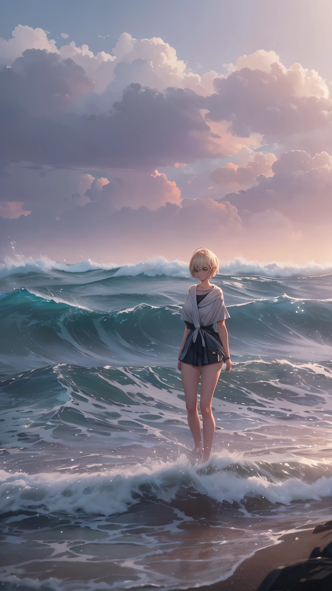 A 20 year old girl with short blonde hair standing alone on a small island in the sea, serene ocean waves, overcast sky, peaceful atmosphere, photorealistic, highly detailed, 8K, (best quality,4k,8k,highres,masterpiece:1.2),ultra-detailed,(realistic,photorealistic,photo-realistic:1.37),HDR,UHD,studio lighting,ultra-fine painting,sharp focus,physically-based rendering,extreme detail description,professional,vivid colors,bokeh