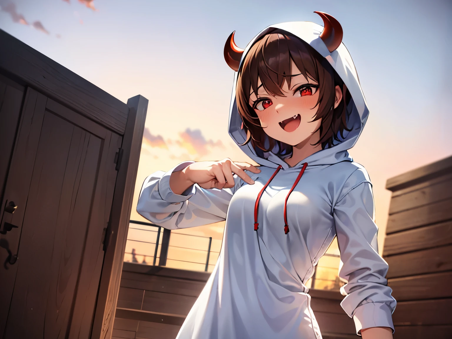 (SFW:1.5),(small breasts:1.3),beautiful, masterpiece, Highest quality, anime,(1athletic female:1.5), (alone:1.5), look at viewer, Intricate details, (Shining Eyes:1.3),(Beautifully detailed eyes:1.1),(Eyes are bright red:1.5),(short hair:1.5),(sidelocks:1.4),(Demon horns on head:1.5),(Brown Hair:1.5), (slant eyes), Cheerful eyes,(Mouth wide open and fangs:1.3),(white clothing:1.5),(hoodie dress:1.5),(Sharp focus:1.2),from front,(light smile:1),(upper body),aggressive,(hood:1.3),(embarrassed:1.3),
