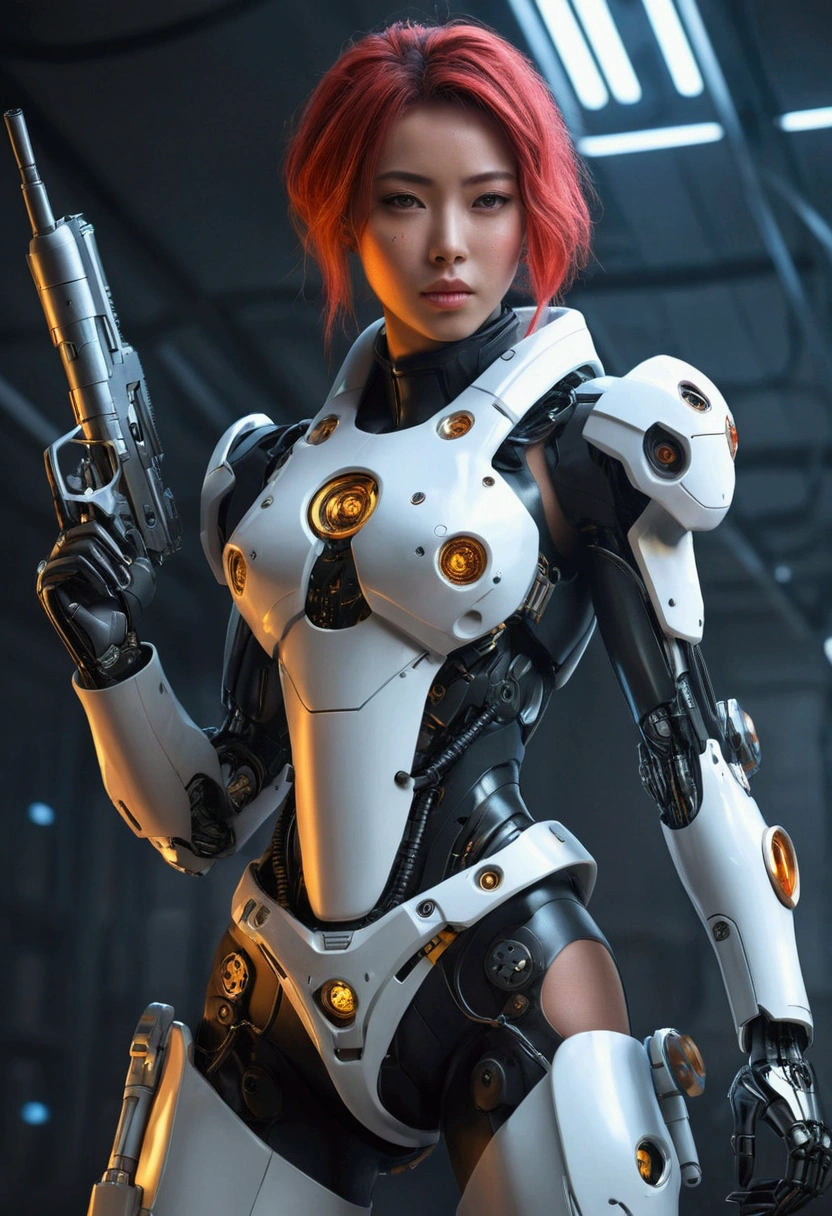 Araffe woman in a futuristic suit and a gun in her hand., girl with mecha cybernetic armor, mechanized soldier girl, CGsociety y Fenghua Zhong, perfect android girl, cute chica cyborg, chica anime cyberpunk mech, female wick, beautiful cyborg girl, chica cyborg, Wojtek FUS, portrait armored astronaut girl, Chica Valquiria mechanized