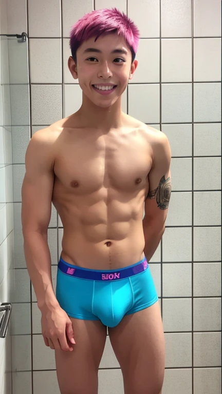 Japanese men、、Muscles and smooth skin、Undercut pink hair、Relaxed and friendly smile、blue and yellow boxer briefs、The whole body is visible from toes to head、Posing in the bathroom、