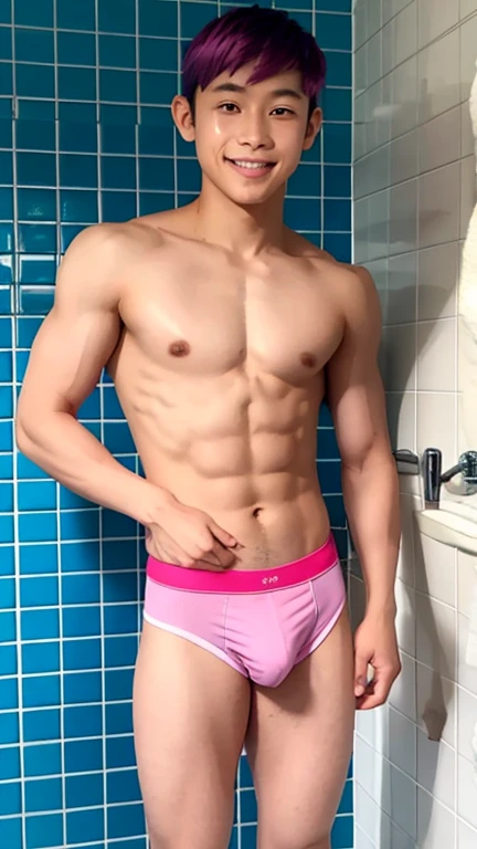 Japanese men、、Muscles and smooth skin、Undercut pink hair、Relaxed and friendly smile、blue and yellow boxer briefs、The whole body is visible from toes to head、Posing in the bathroom、