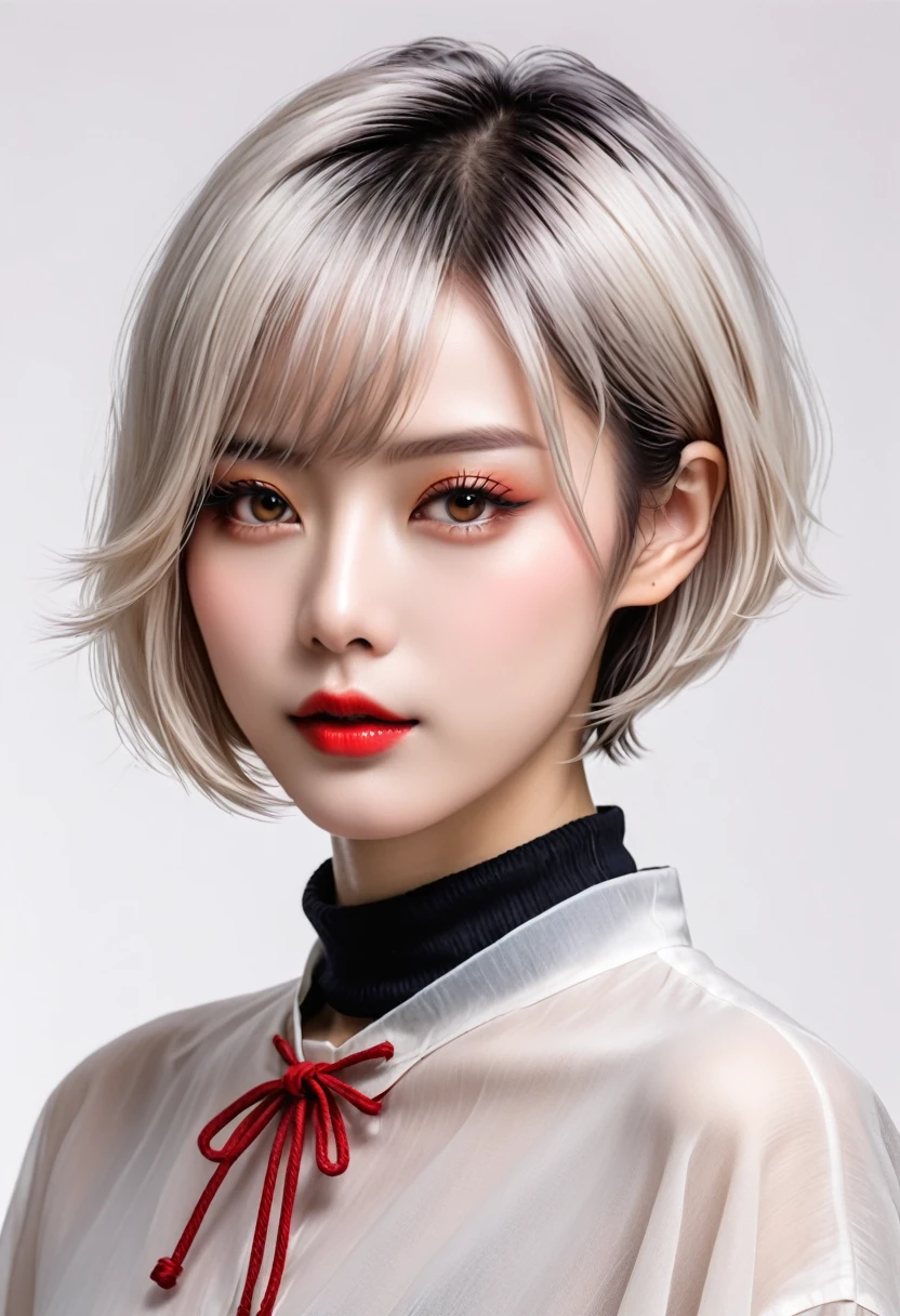 beautiful Japanese woman with short hair , white background