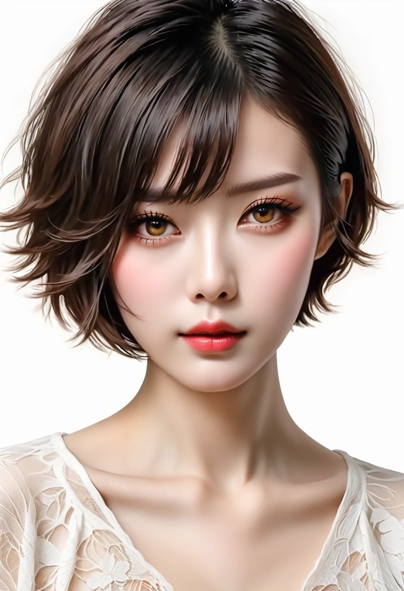 beautiful Japanese woman with short hair , white background