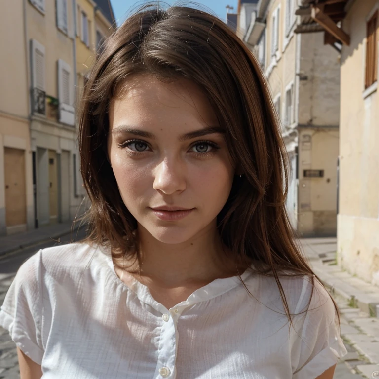 une femme brune, 25 ans toute mignonne et sexy (réaListe), (hyperréalisme), (photoréaListe), profondeur de champ, rayon de soleil cheveux au vent, décolté vue entiere de la fille Maquillage pour les yeux:0.5, (taille fine:0.7), regarder le spectateur, tenue décontractée, dans les rues de la ville