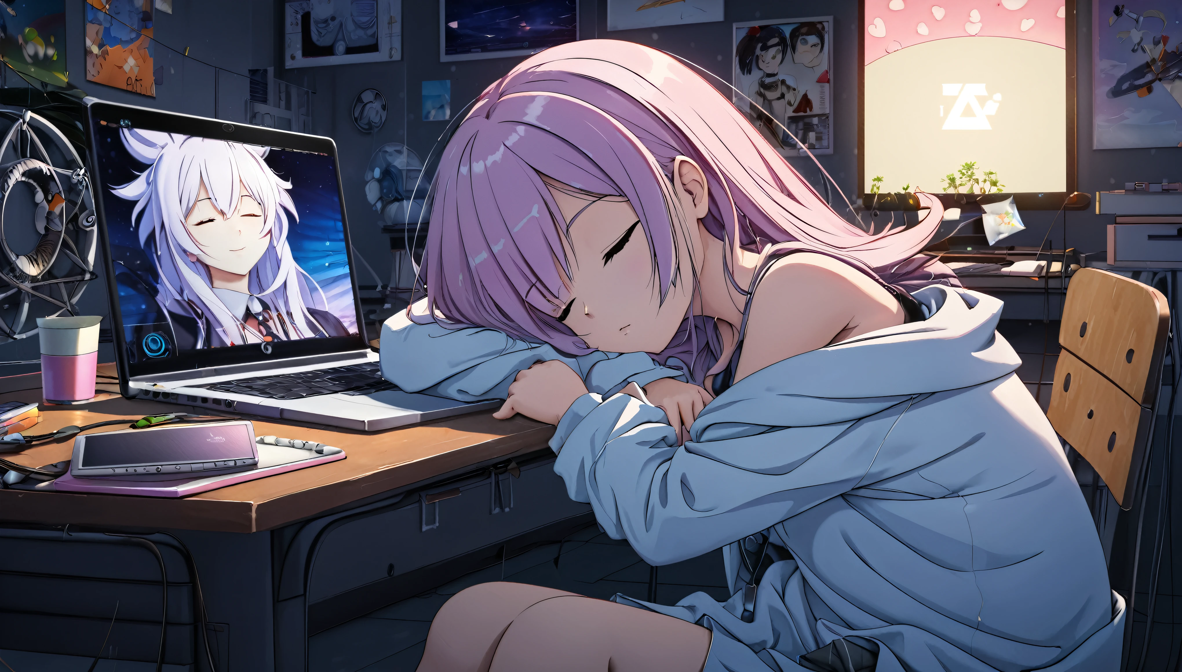 Anime girl sleeping on a desk with a laptop, Nightcore, Lo-fi art style, LOFI Girl, Anime Style 4k, Anime Aesthetics, Anime atmosphere, anime art wallpaper 4k, anime art wallpaper 4k, Lo-fi feeling, relaxed mood, Gweiz-style artwork, Portrait of Rofi,8k
