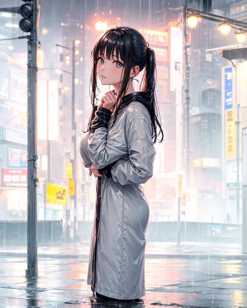 8k, raw photo, Best Quality, masterpiece:1.2),(realist, photo-realist:1.37),Tokyo Street,evening, rain, Wet,urban landscape,evening, Cyberpunk City,luz outfit,1 girl,, extremely beautiful face,bust,lower your hands,random hairstyle,random hair color,random expression,Pig
