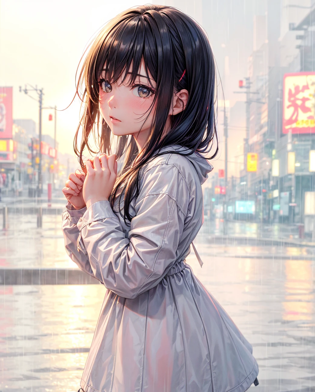 8k, raw photo, Best Quality, masterpiece:1.2),(realist, photo-realist:1.37),Tokyo Street,evening, rain, Wet,urban landscape,evening, Cyberpunk City,luz outfit,1 girl,, extremely beautiful face,bust,lower your hands,random hairstyle,random hair color,random expression,Pig