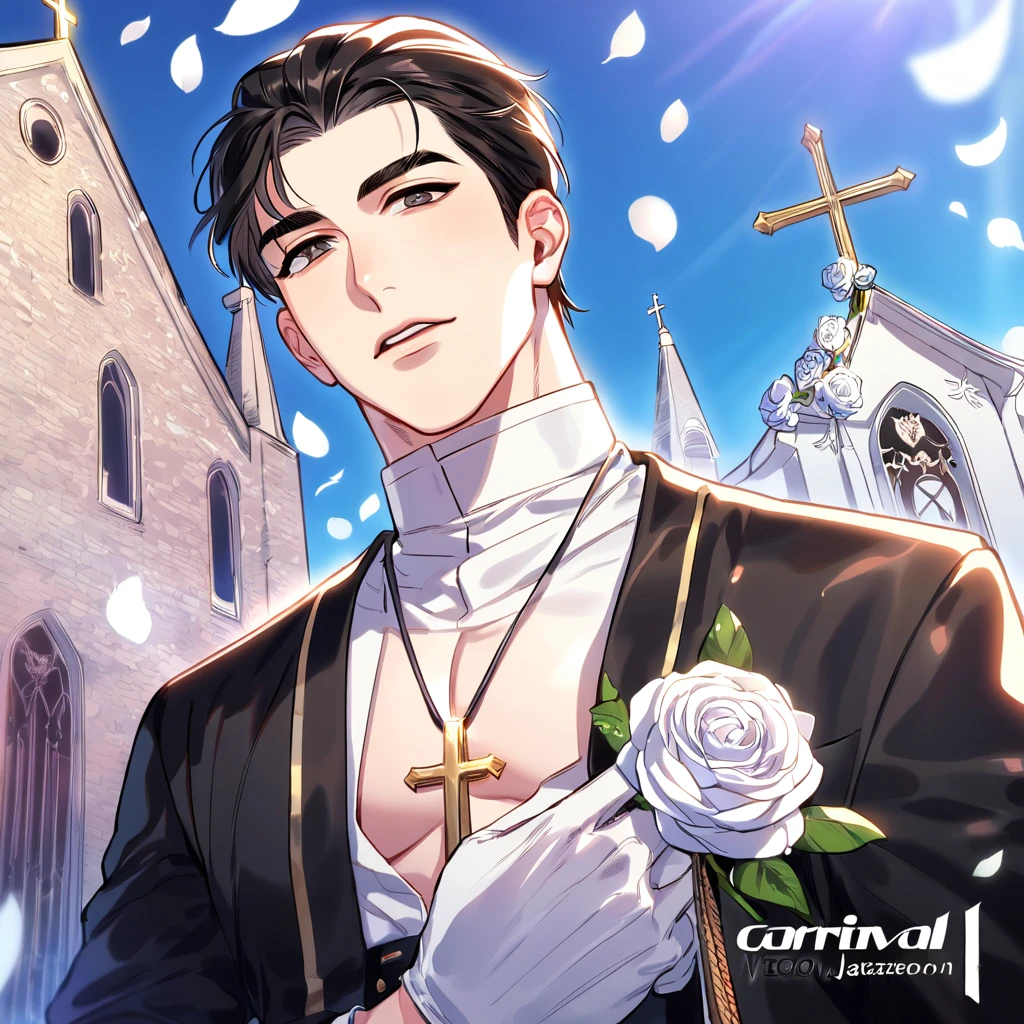 absurdres, highres, ultra detailed, HDR, master piece, best quality, Joo Jaekyung, black hair, slicked back hair, expressive gray eyes, Jinx, solo, sexy man, handsome, horny, lewd, black priest robes, accessories, showing the chest, cross necklace, priest, white gloves, fantasy, magical, white roses, white petals, blue sky, church, Nu Carnival, webtoon style