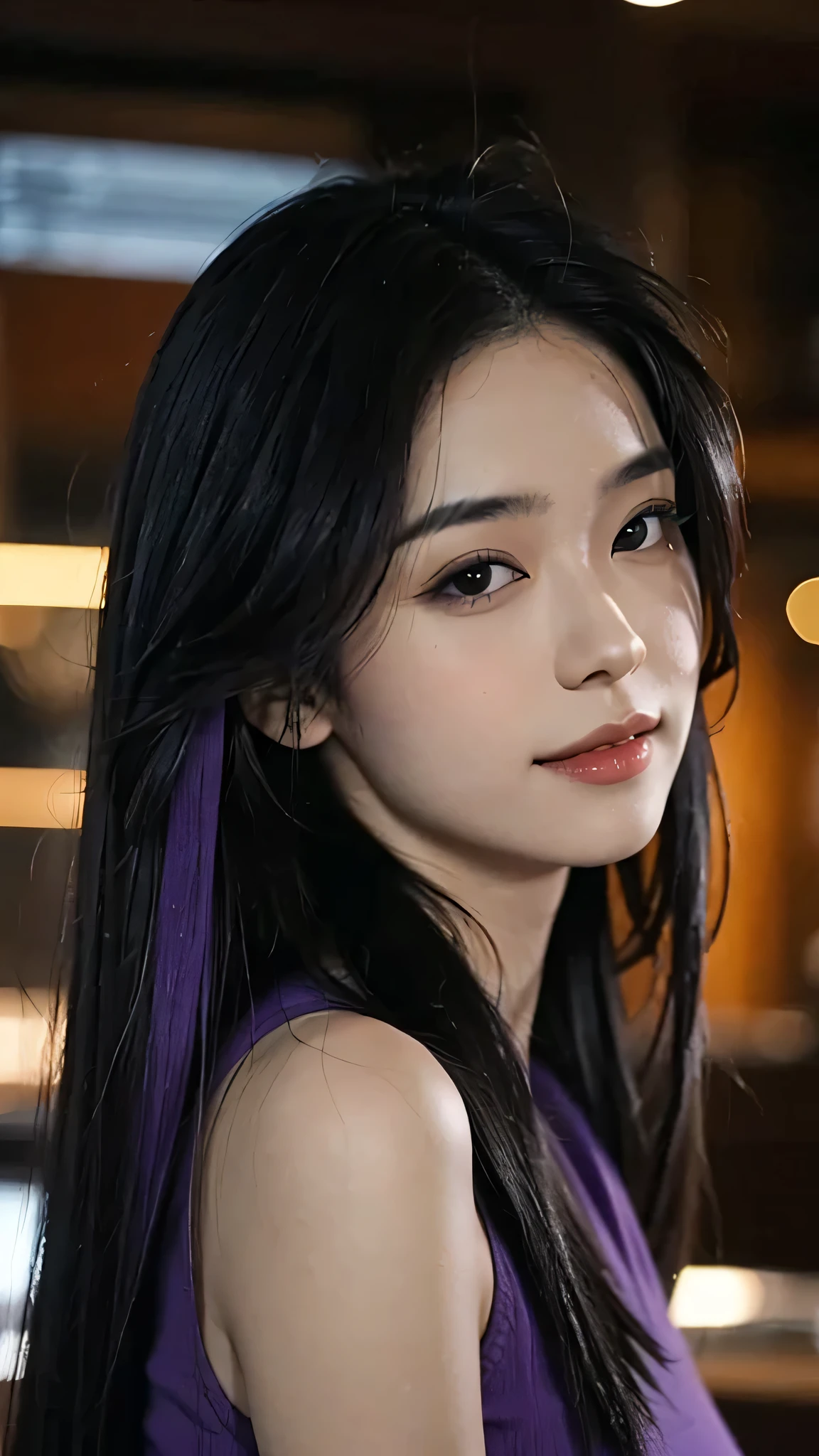 (mid shot), realistic photo of a asian girl, ((black and purple long hair)), in a luxorious bar, (detailled face feature)