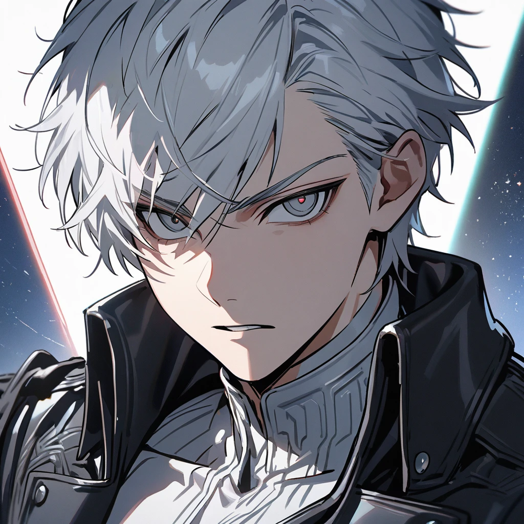 High quality, HD, 4k, no shadows, handsome male, 1male, 17 years old, teenager, short white hair, silver hair, white hair, sharp eyes, dark grey colored eyes, deep grey eyes, grey eyes, devil may cry, close up, calm expression, stoic expression, black leather clothes, white leather clothing, lean body, well trained body, upper body, looking at viewer, cowboy shot, white solar, space background