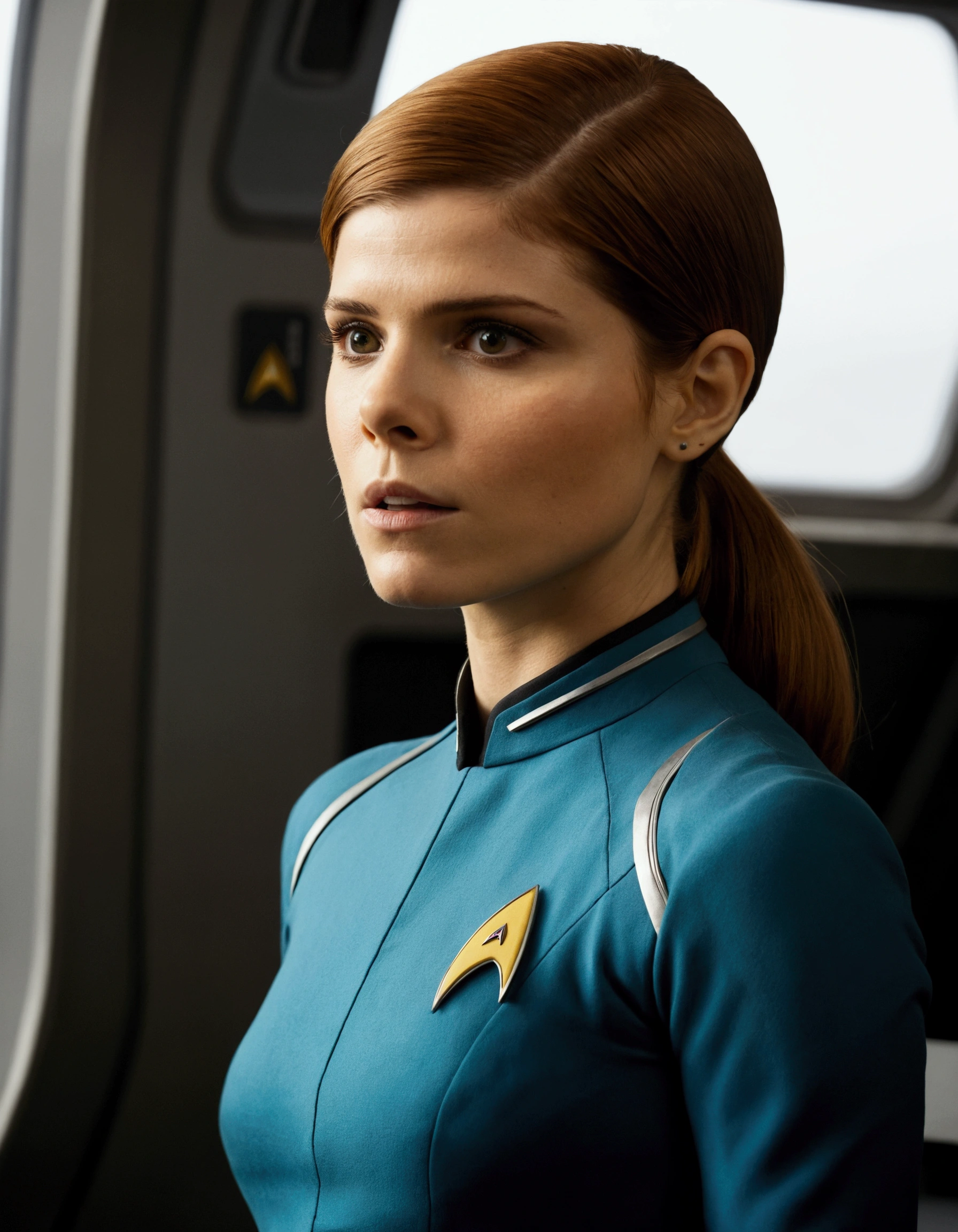 Kate Mara, age 25, short skirt Yeoman on the 60s Star Trek Enterprise. She is bringing a message to Captain Kirk on the bridge.
