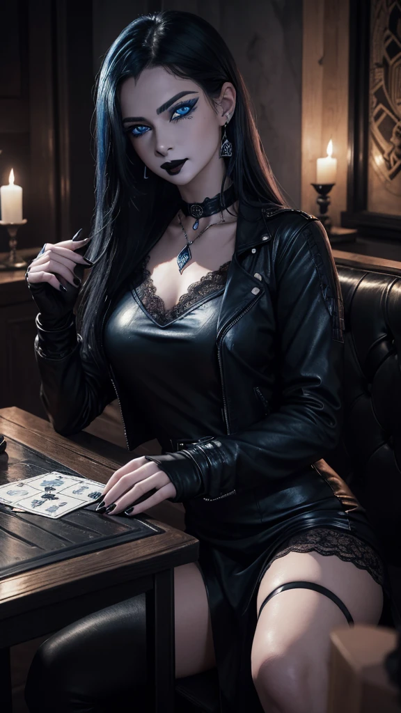 8k, masterpiece, Best Quality, photorealistic, raw photo, ultra high definition, 1 woman, ((blueeyes:1.4)), long messy black hair with a blue streak, Pale skin, deep blush, medium breasts, low-cut transparent dress with lace trim, black lace choker with diamond pendant, sitting at a desk, happy expression, head tilted down, eyes looking at the viewer, Mouth slightly open, (black lipstick:1.4), clear skin, wearing make-up, fangs, vampire, wearing a black leather jacket, wearing a small white top, black fingerless gloves, holding a deck of tarot cards, sitting at table, dim lighting, night time, inside a tavern, tarot cards on table