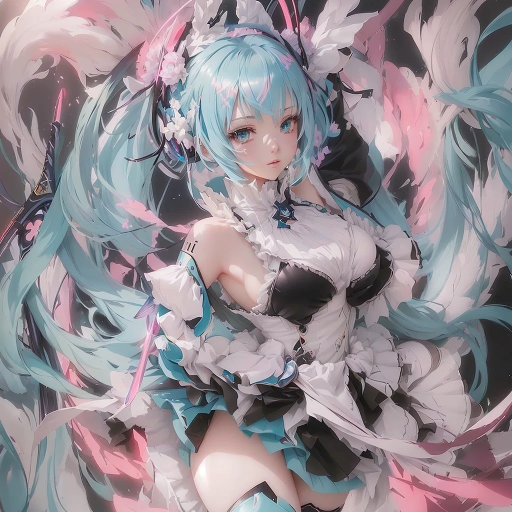 Anime girl with blue hair and a white dress holding a sword, digital art on Pixiv, top rated on Pixiv, Pixiv, trending on artstation Pixiv, hatsune miku portrait, Pixiv contest winner, hatsune miku, portrait of hatsune miku, Zerochan Art, Mikudayo, anime art wallpaper 4k, anime art wallpaper 4k