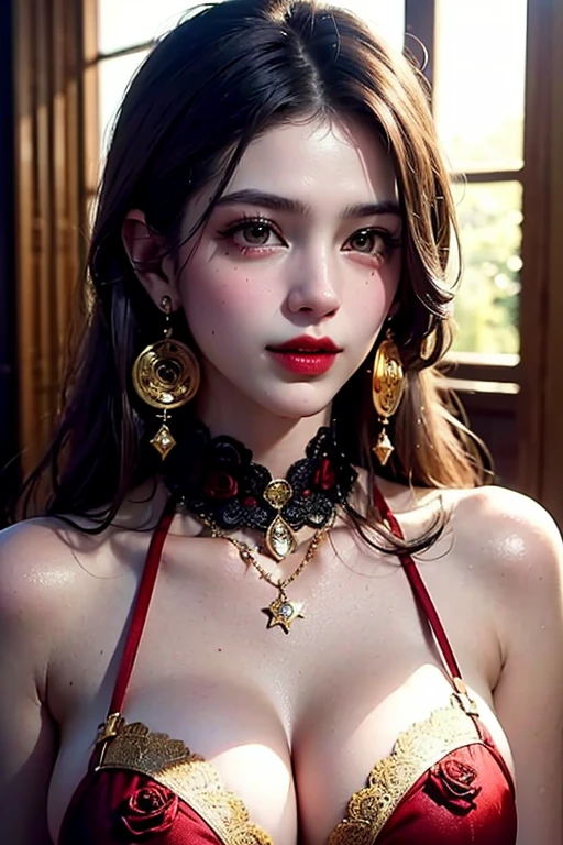 ultra realistic 8k cg, picture-perfect face, flawless, clean, masterpiece, professional artwork, famous artwork, cinematic lighting, cinematic bloom, 

Super Detailed, 8K, Aesthetic, Fantastic, (RAW Photo, Best Quality), (Masterpiece), (Best Quality), Absurd, Intricate Details, (Realistic, Photorealistic), Sharp Focus, (Soft (light),
1girl, beautiful face, detailed face,Beautiful detailed eyes, Beautiful detailed lips, extremely detailed eye and face, 
solo girl, mature female,
26yo old, smooth face, detailed face, smooth skin,shiny skin,
 extremely realistic, hyperdetailed, 

highly detailed face, highly detailed eyes,
perfect hands, delicate hands,
perfect proportions, thin waist, navel,round ass,toned thighs,big boobs,
Long eyelashes,double eyelids,detailed eyebrows,(Golden eyes:1.3),

perfect nose,
Hair:black hair, long hair, hime cut, 
sweet smile,sexy full lips, 

((dark red lipstick,smokey eye makeup)),
 
Perfect anatomy,hourglass figure,upturn breast,(36D cup size,26 hips size,36 ass size),(lips_piercing)
 
arabian girl, RPG, D&D, 
(wearing Victoria's secret Very Sexy Rose Lace High-slit maxi dress:1.3),Shine Strap Lace thong panty,Very Sexy Back-Seam Script Thigh Highs with Reinforced Heel)),
jewelery, ,mature_female,
  full body, whole body visible, full character visible, soft lighting, high definition, ultra realistic,Physically-based rendering, Vivid colors,full-body_portrait,looking-at-viewer

