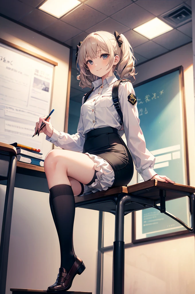 (masterpiece), 4K,woman,2 Foot,Long-sleeved military uniform,Small breasts,Small Ass,Curly Twin Tails,Light bulb lighting,Realistic, skinny, smile,((Wear short bloomers under your skirt)),Sitting at a desk,((Knee-length pencil skirt)),Angle from below the knee,