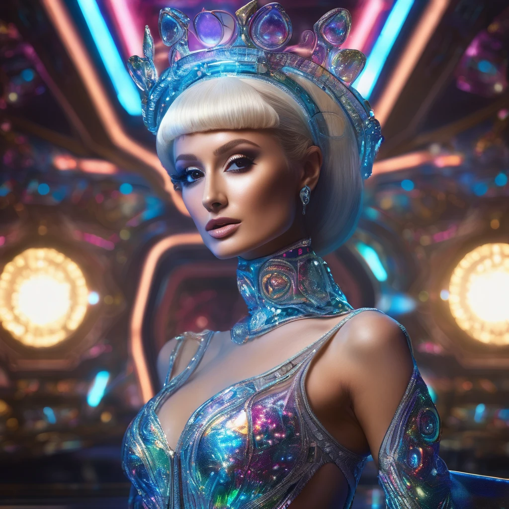 alien princess,paris hilton look-alike,shimmering translucent lingerie,seductive,bedroom,spaceship,(best quality,4k,8k,highres,masterpiece:1.2),ultra-detailed,(realistic,photorealistic,photo-realistic:1.37),portrait,vivid colors,soft lighting,extraterrestrial,extravagant makeup,dainty tiara,lush velvet curtains,futuristic furniture,reflective surfaces,sparkling jewelry,alien technology,curvaceous figure, poses,smoky atmosphere,lustful gaze, full body shot, show all of her