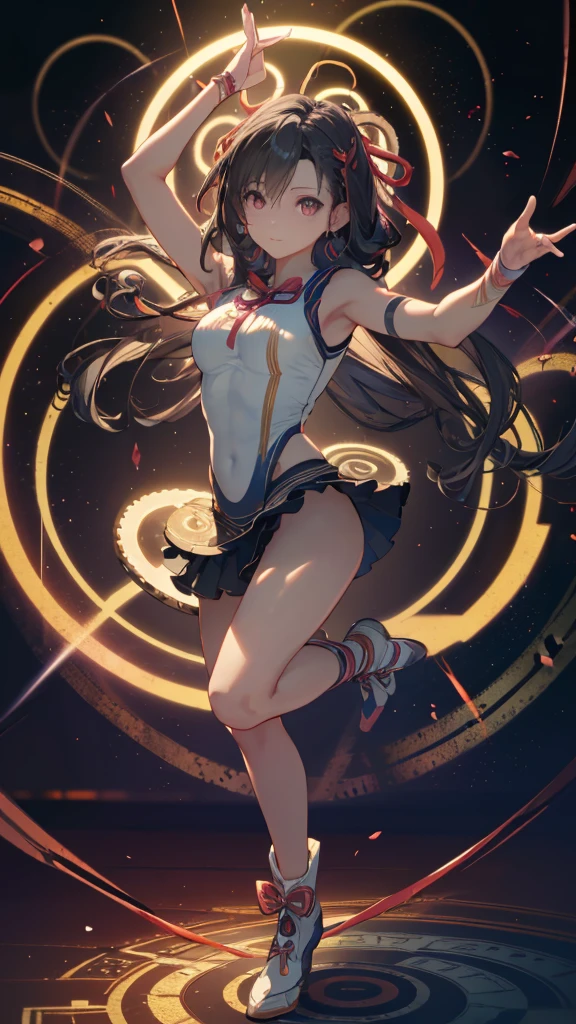 ((Highest quality)), ((masterpiece)), (detailed), Perfect Face, ((New Gymnastics, Dancing in spirals and circles with ribbons)), Black Hair, Long Hair, Surrealism, Cast a Shadow, tachi-e, Cinema Lighting, Projected Inset, Fujifilm, 8k, Super Detail, Accurate, Highest quality, Ultra-high resolution, Anatomically correct, 16K, Cowboy Shot