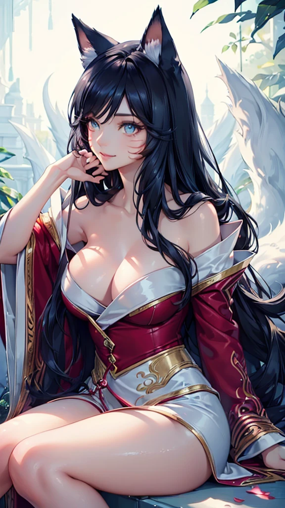 (best quality,ultra-detailed,realistic:1.37),Ahri,spa,luxurious,relaxing atmosphere,beautiful detailed eyes,beautiful detailed lips,smiling,bathrobe,sitting upright,black hair,nine white tails,peaceful background,portraits,vivid colors,soft lighting,tranquil ambiance