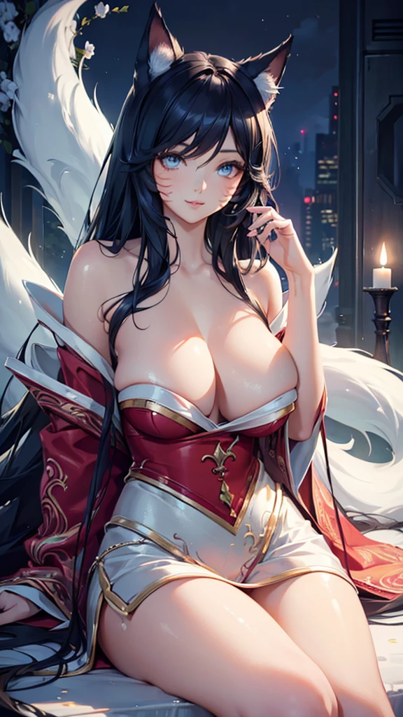 (best quality,ultra-detailed,realistic:1.37),Ahri,spa,luxurious,relaxing atmosphere,beautiful detailed eyes,beautiful detailed lips,smiling,bathrobe,sitting upright,black hair,nine white tails,peaceful background,portraits,vivid colors,soft lighting,tranquil ambiance