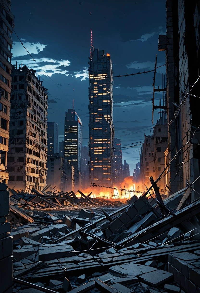 Destroyed city ruins, Barbed wire, skyscrapers in distance, at night 