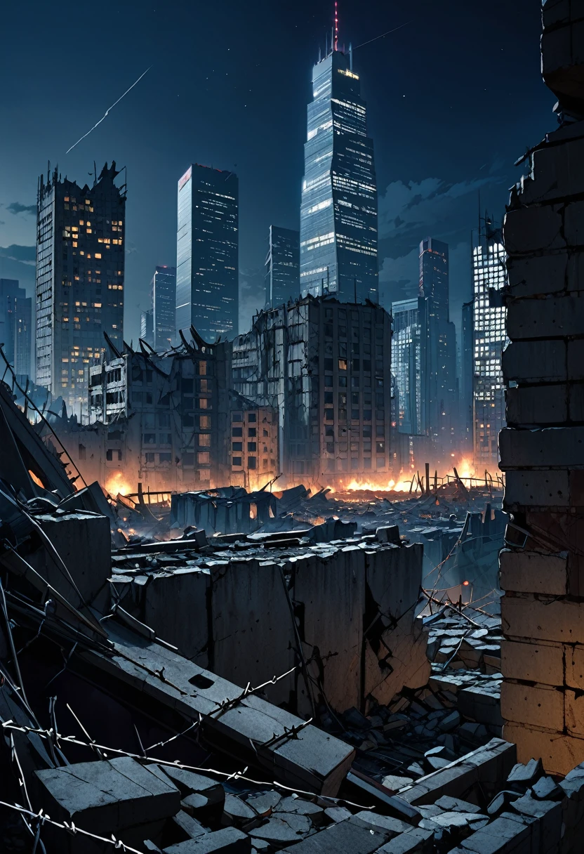 Destroyed city ruins, Barbed wire, skyscrapers in distance, at night
