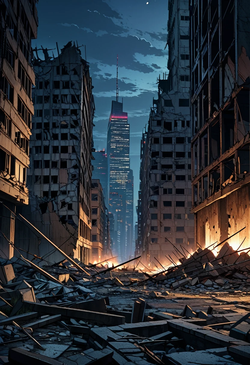 Destroyed city ruins, Barbed wire, skyscrapers in distance, at night