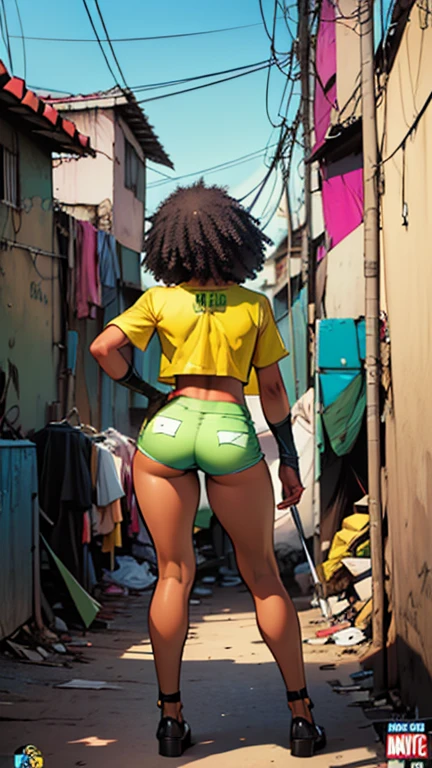 (high resolution), ((((american comics style)))), (Perspectiva Bottom-up), 1 black girl, afro hair, breasts small, slim figure and big ass, wearing clothes, tight green and yellow top and short shorts. full body with shapely legs. Brazilian favelas fund. (((Logo: Favela won above)))