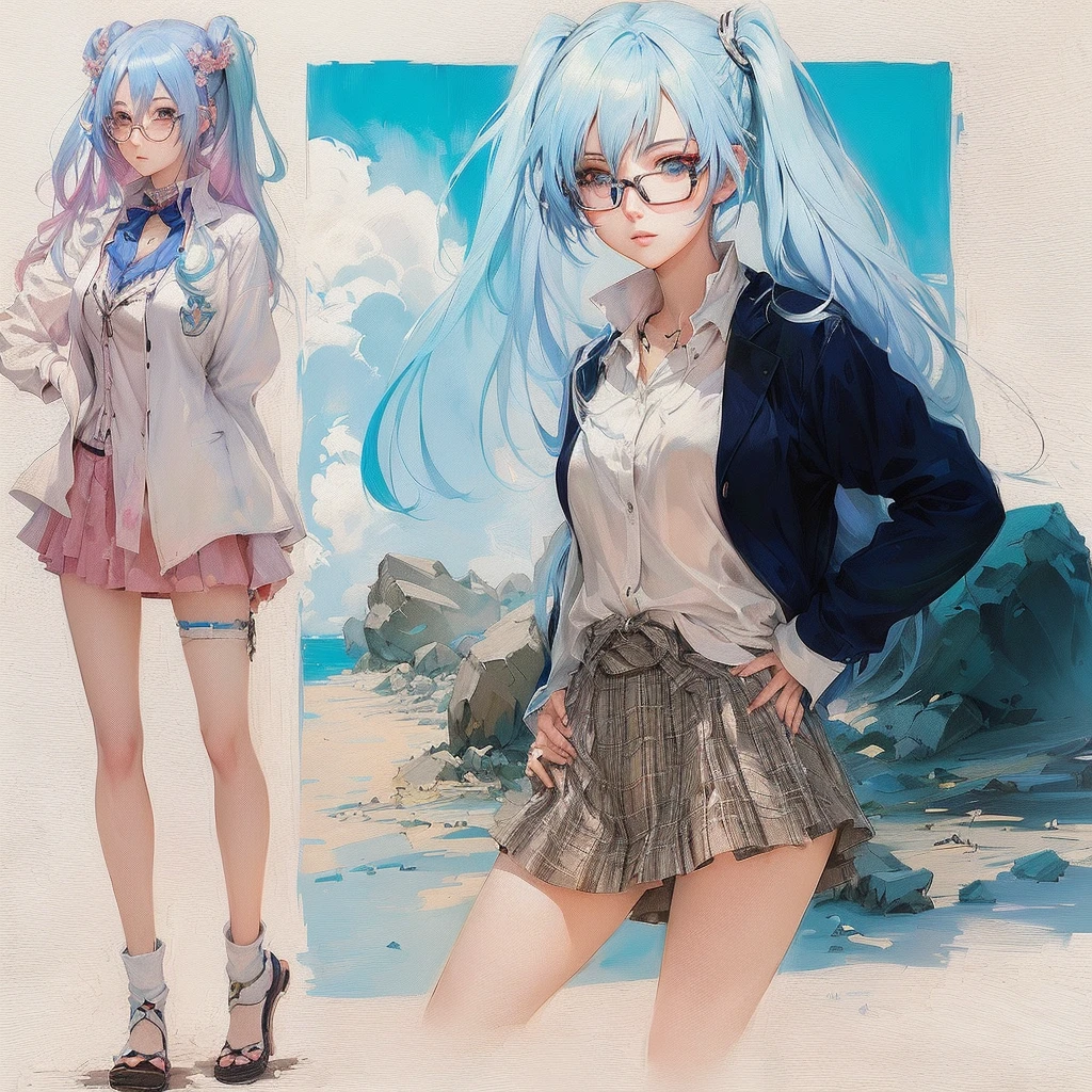 Anime character with blue hair and glasses standing next to another woman, Created by Anime Painter Studio, Digital art on Pixiv, Anime style digital art, artstation pixivでトレンド, Anime art style, Anime-style illustrations, Inspired by anime, beautiful Anime art style, Painted in an anime artist's studio, Anime art style, pixiv style, Anime full body illustration
