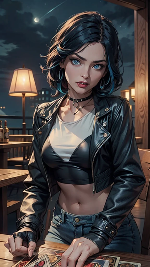 An older woman, punk hair style, medium black hair with a blue streak, blue in hair, blue eyes, clear skin, wearing make-up, medium breasts, fangs, vampire, wearing a black leather jacket, wearing a small white top, black fingerless gloves, holding a deck of tarot cards, sitting at table, dim lighting, night time, inside a tavern, tarot cards on table