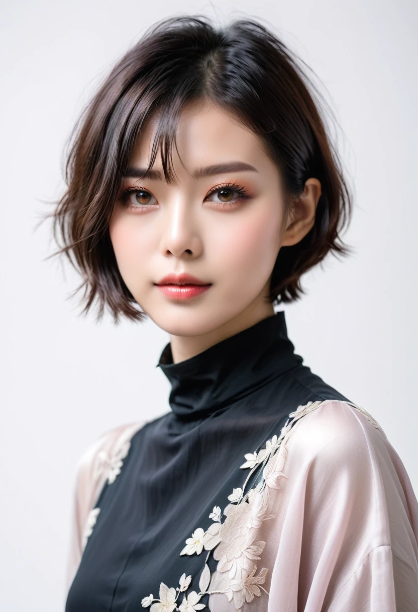 beautiful Japanese woman with short hair , white background