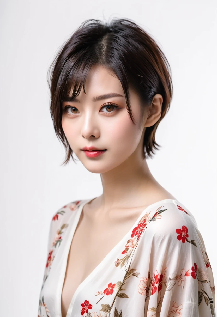 beautiful Japanese woman with short hair , white background