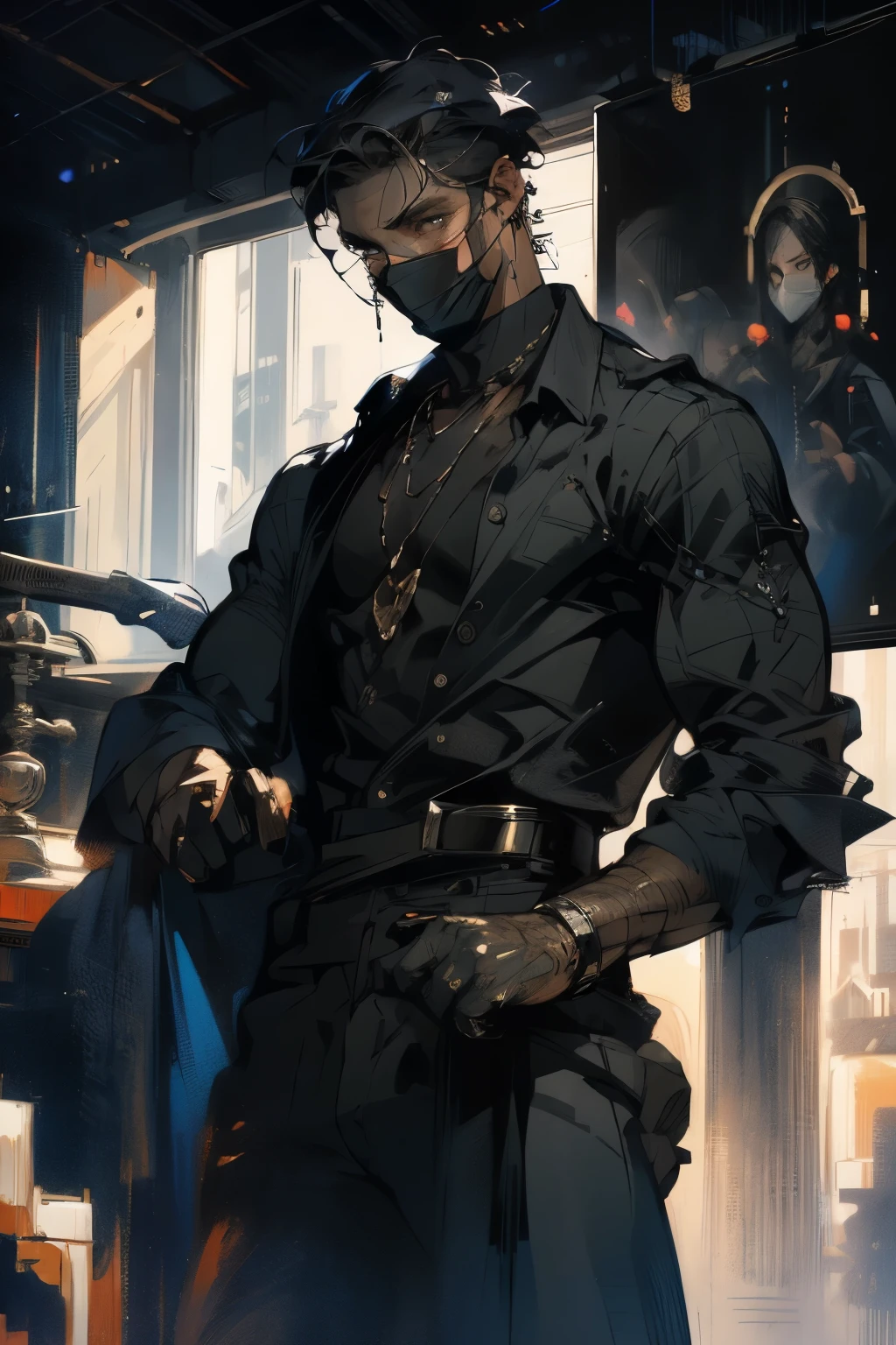 Realistic Digital Painting with Concept Art Elements"," digital painting," "concept art," "realistic," "high detail", "muscular man", "high-res", "ominous aura,", "8k resolution", "oil painting", "darker tone" , "little saturation" ,"dark feeling", "concept art" , "detailed features" , "detailed eyes" , Realistic Digital Painting with Concept Art Elements"," digital painting," "concept art," "realistic," "high detail", "muscular",, "high-res", "ominous aura,", "8k resolution", "oil painting", "darker tone" , "little saturation" ,"dark feeling", "concept art" , "detailed features" , "detailed eyes" "1man" , "large body" , "wearing a mask" , "butcher knife in hand", "serial killer" , "masculine imposing figure" , "wearing tattered overalls" , "short hair" , " Pale skin" , "Scarred body" , "1 male!" , "large body" , "dripping with blood" , "clothes coated in blood.