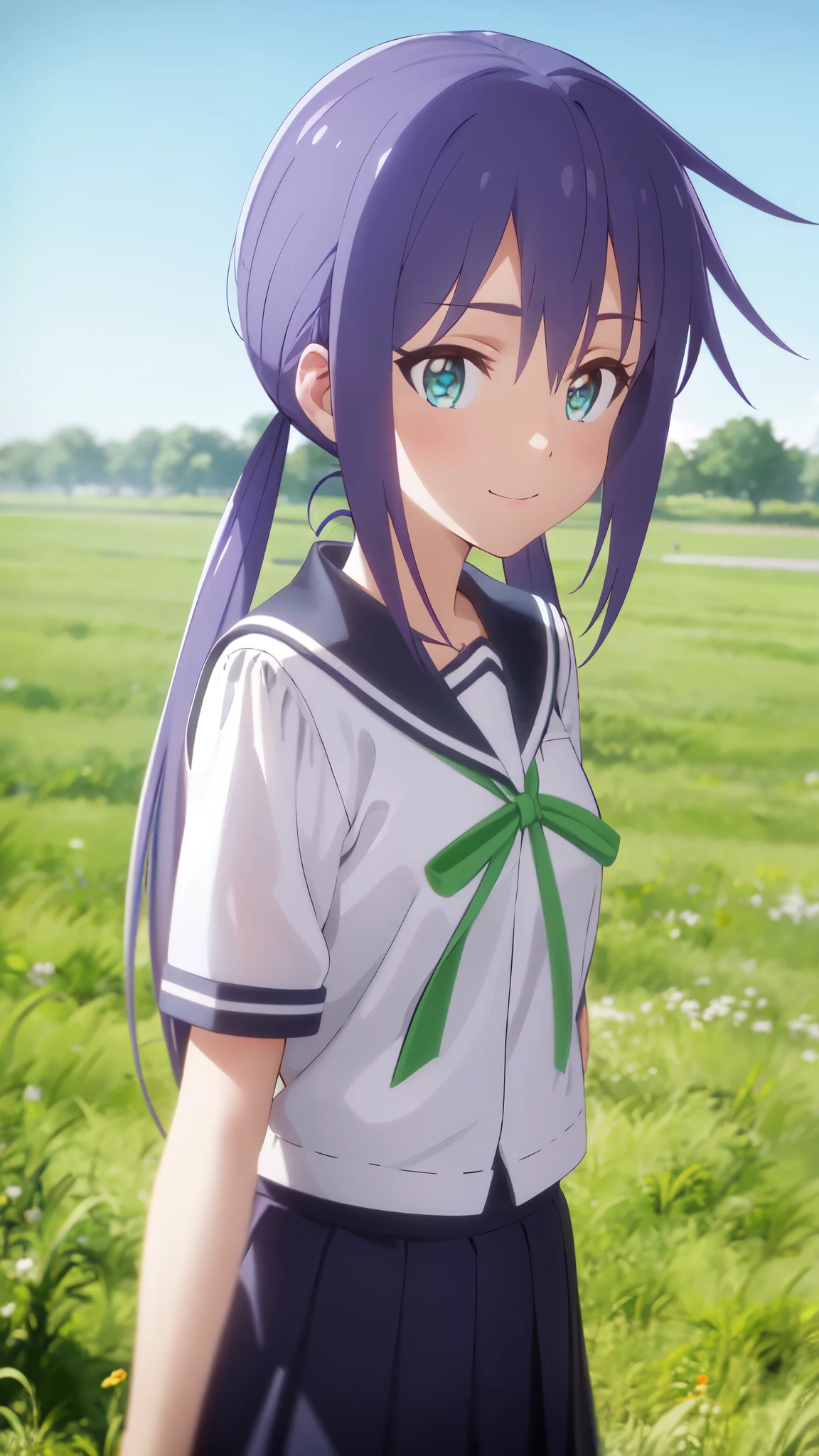 very cute and beautiful girl,(highly detailed beautiful face and eyes),Sailor suit, Short sleeve_uniform, uniform, green_ribbon, Navy Blue_skirt, standing,tiny colorful flowers on grassland,
(smile),looking at viewer,black hair,cowboy shot,
(best quality,masterpiece:1.0),absurdres,highres,ultra-detailed,extremely detailed,32K,
cinematic scene,detailed background,solo,dynamic angle,
hair fluttering in the wind,beautiful detailed sky,